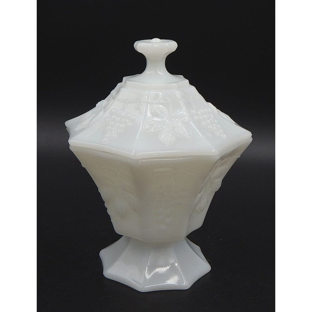 Anchor Hocking Milk Glass Pedestal Lidded Candy Dish Grape Pattern Paneled